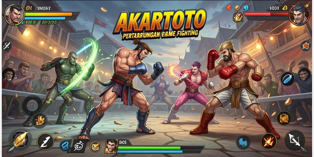 Screenshot utama AKARTOTO menunjukkan pertarungan seru antara karakter yang berbeda.