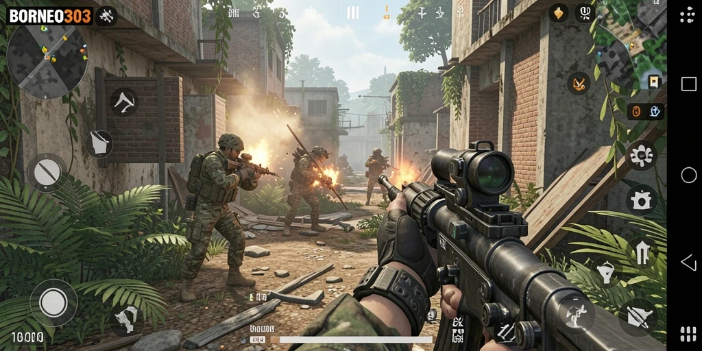 Screenshot menunjukkan action seru dalam game FPS BORNEO303.