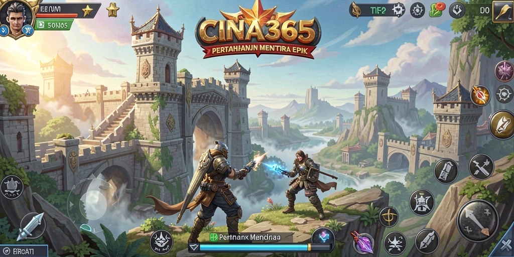 Tangkapan layar CINA365 menampilkan pertempuran Tower Defense yang intens.