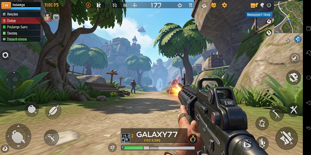 Tampilan gameplay seru dalam GALAXY77 dengan pertempuran TPS.