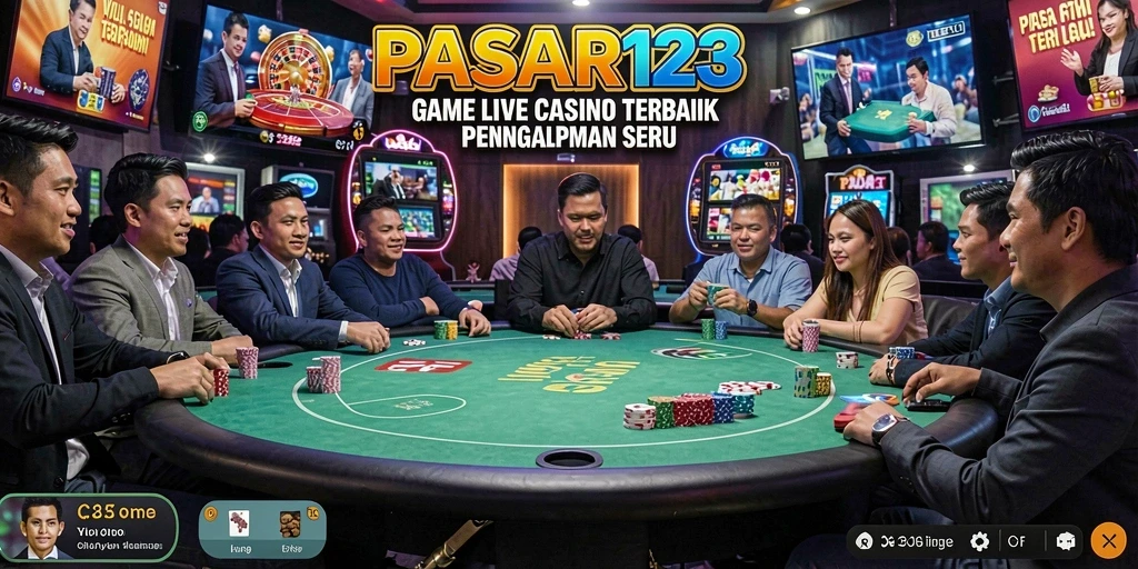 Screenshot gameplay PASAR123 menampilkan dealer langsung dan suasana kasino yang autentik.