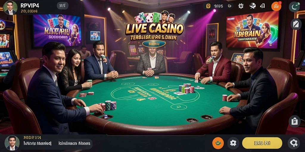 Tampilan gameplay RPVIP4 dengan dealer langsung dalam suasana kasino nyata.