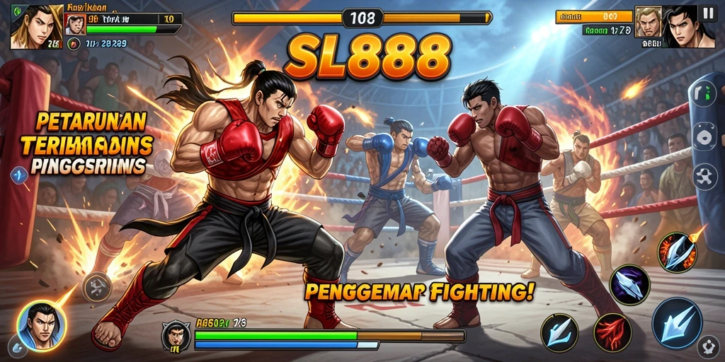 Tampilan gameplay menegangkan dan karakter bertarung dengan dinamis di SL888.