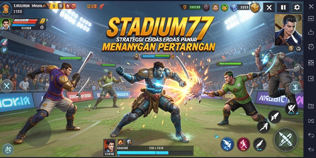 Screenshot utama yang menampilkan intensitas pertempuran di STADIUM77.